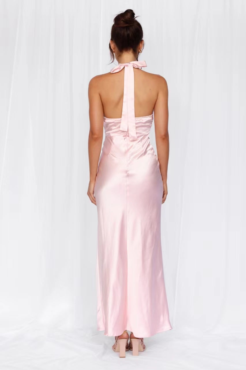 HELLO MOLLY The Adeline Halter Satin Maxi Dress Pink