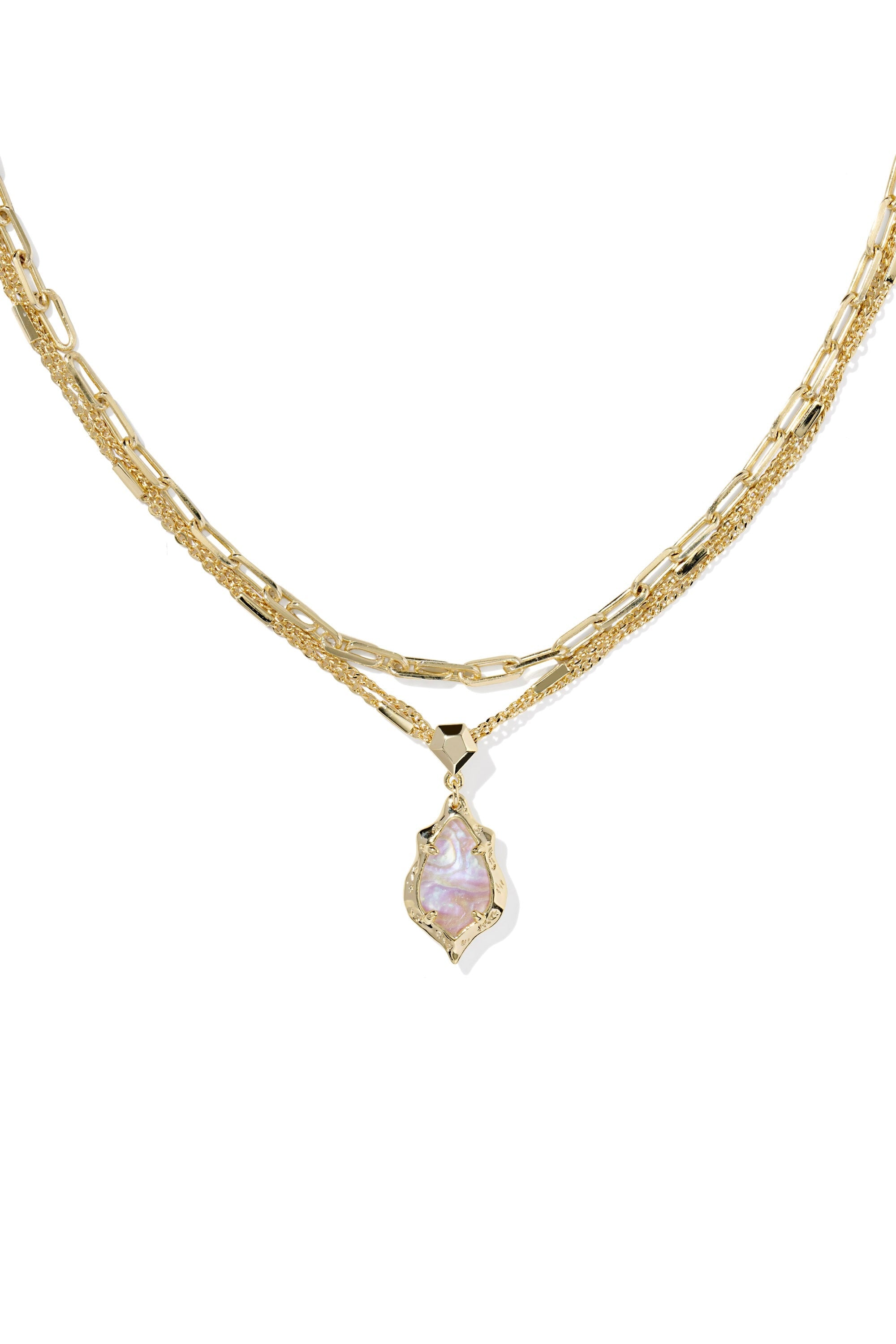 Adriana Scallop Frame Gold Multi Strand Necklace Light Pink Iridescent Abalone