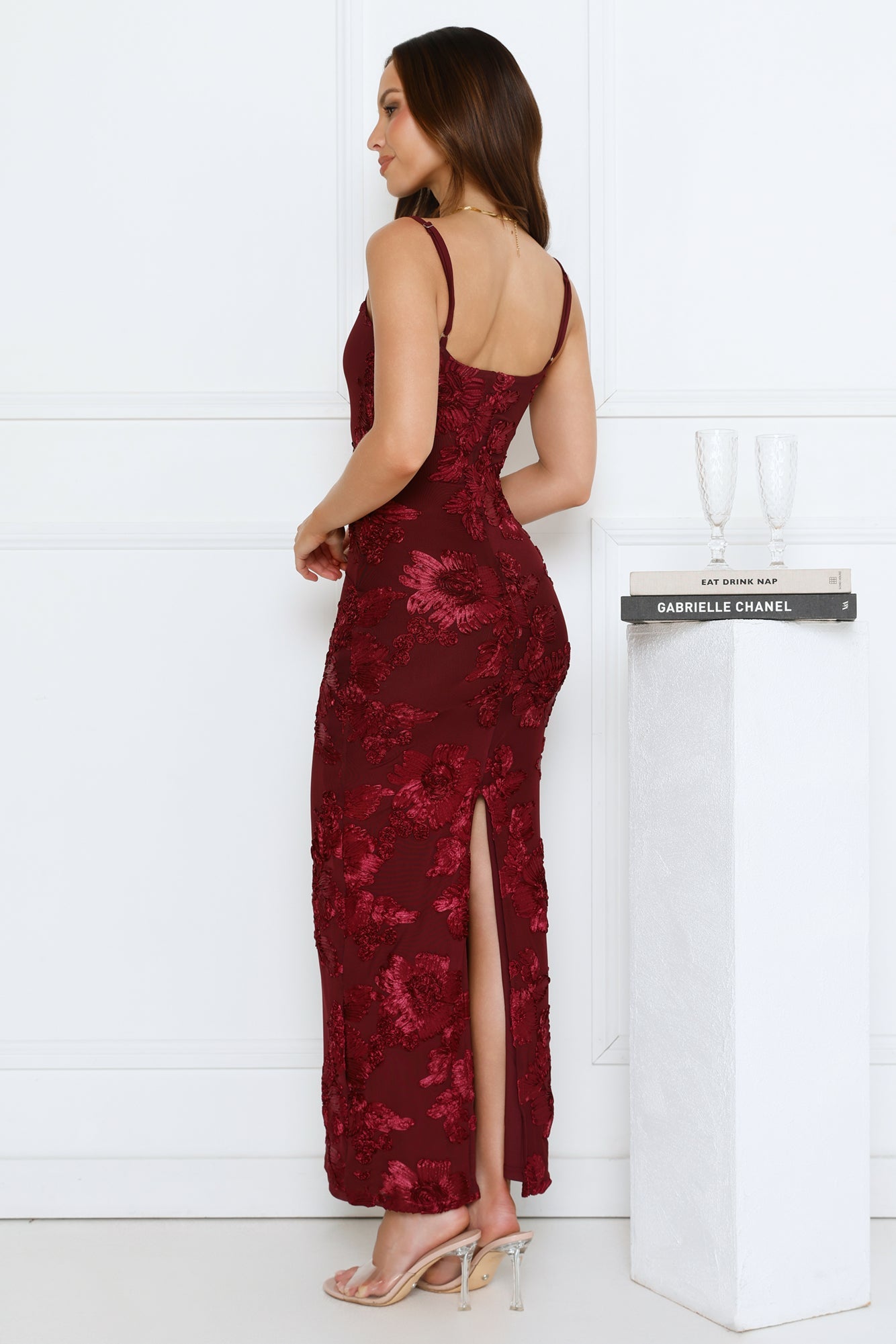 Celestial Luxe Mesh Maxi Dress Burgundy